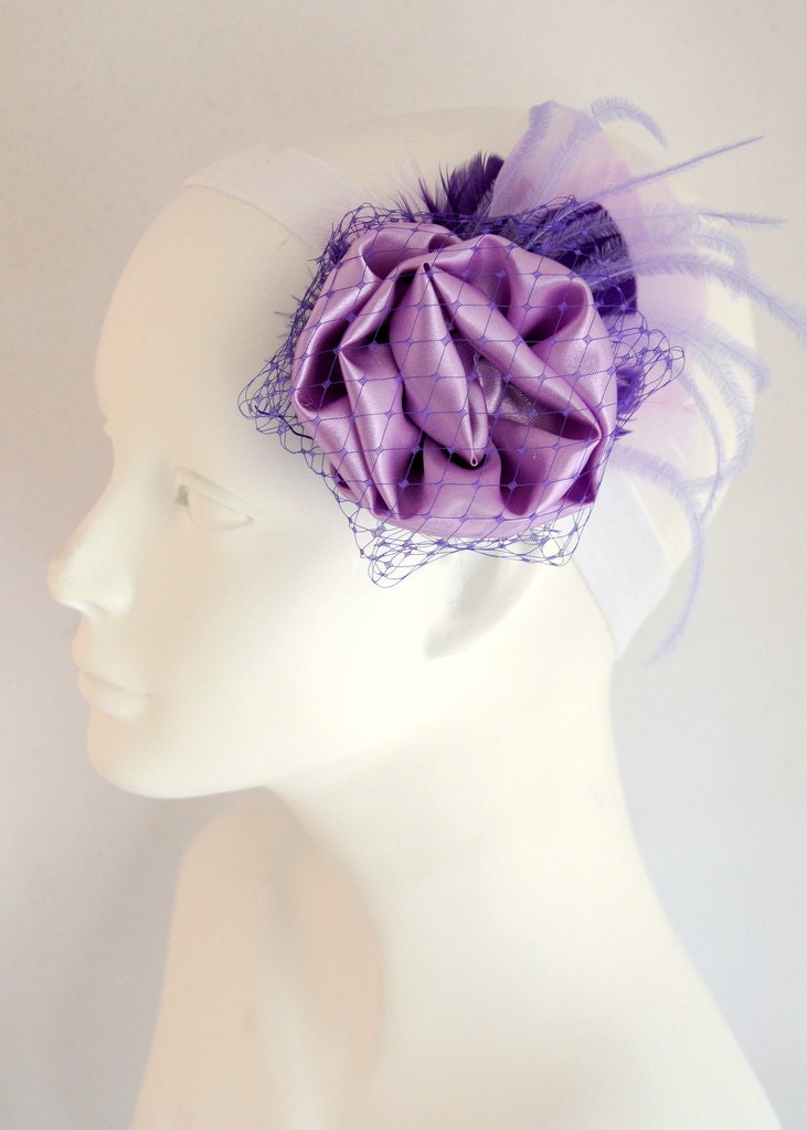 Vanessa - Purple Satin Fabric Flower Hair Clip with French Netting and Feathers