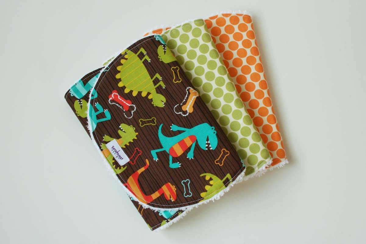 Burp Cloths - Baby Boy Burp Cloths - Dinosaurs and Polka Dot baby burp rags - Set of 3