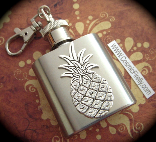 Mini Flask Keychain Silver Pineapple Flask 1 Ounce Gothic Victorian Tiki Steampunk Gift Retro Style
