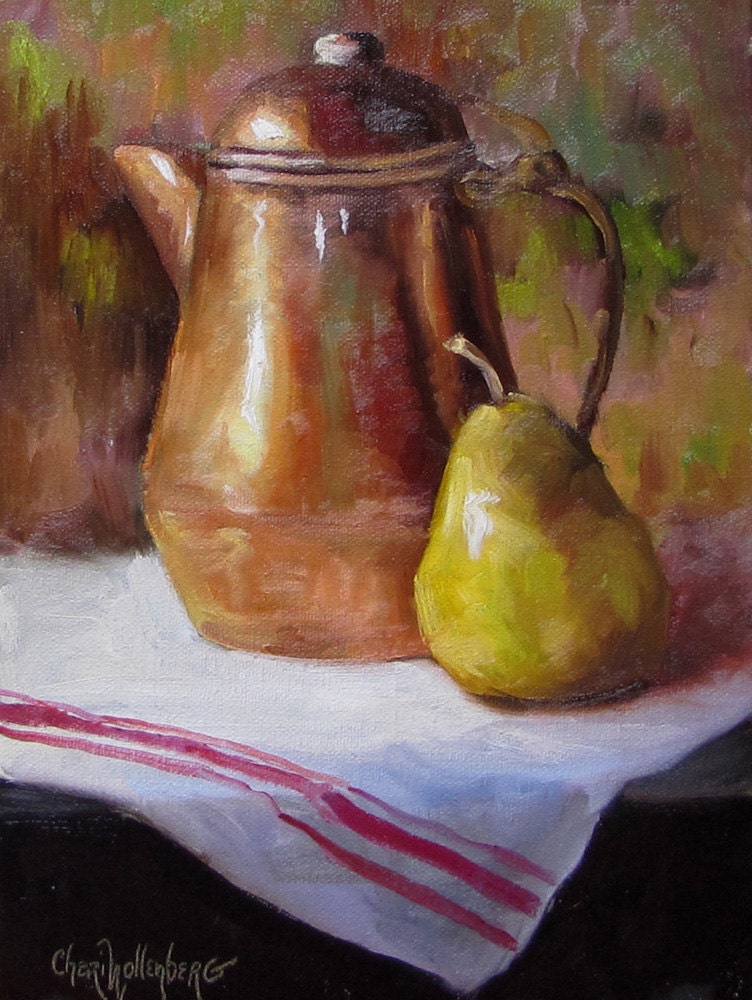 Still Life Painting Copper Teapot Golden Green Pear 9x12 Canvas Original Oil Painting by Cheri Wollenberg - ChatterBoxArt