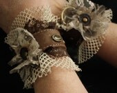 fancy Steampunk Cuffs Bracelets- Victorian / fishnet-  lace rosette- Discrete Fetish bondage chocolate Brown brass ren faire festival