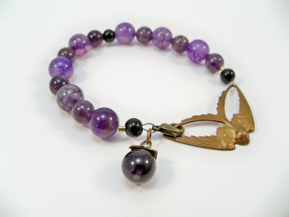 Purple Gemstone Bracelet, Ladies Bracelet, Brass Swallow Bracelet, Fashion Jewelry, Handmade Jewelry