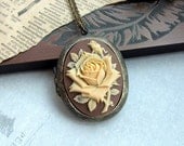 A Large Carved Ivory Rose Flower Cameo Brown Shabby Chic Locket Necklace. For Mom. Statement Necklace. Anniversary Gift. For Girlfriends.