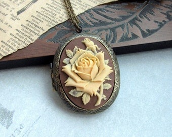 A Large Carved Ivory Rose Flower Cameo Brown Shabby Chic Locket Necklace. For Mom. Statement Necklace. Anniversary Gift. For Girlfriends.