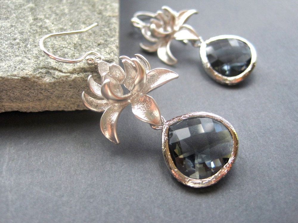 Matte Silver Lotus Blossom Charcoal Gray Glass Earrings - Silver Flower Earrings - Silver Gray Glass Earrings