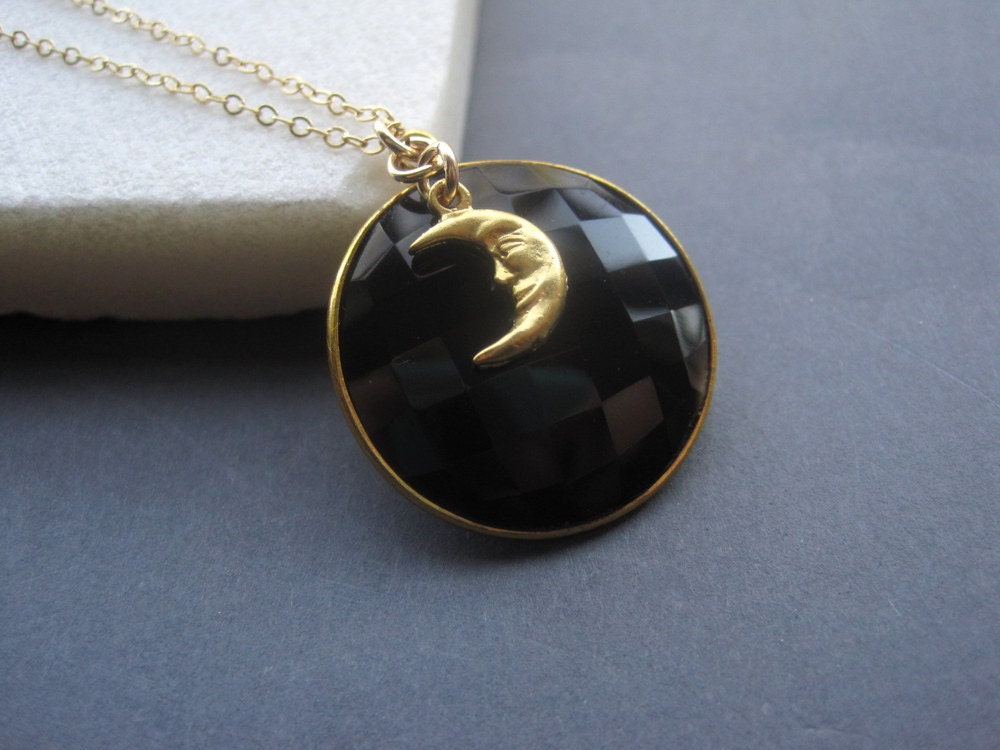 Matte Gold Vermeil Crescent Moon Black Quartz Gemstone Necklace - Gold Moon Necklace - Gold Black Quartz Necklace