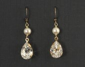 Gold Bridal Drop Earrings, Crystal Rhinestone Wedding Jewelry, Rhinestone Teardrop Pearl Bridal Earrings Jewelry-- ELIZABETH