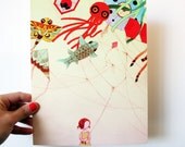 Tangled 8x10 color art print - drawing watercolor mixed media girl and japanese kites