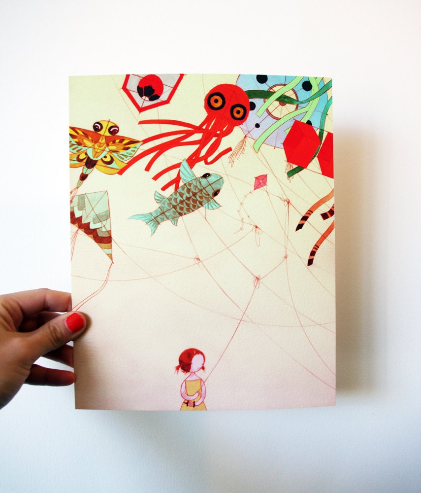 Tangled 8x10 color art print - drawing watercolor mixed media girl and japanese kites