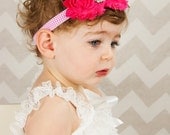 Shocking Pink Rhinestone Shabby Flower Elastic Chevron Headband