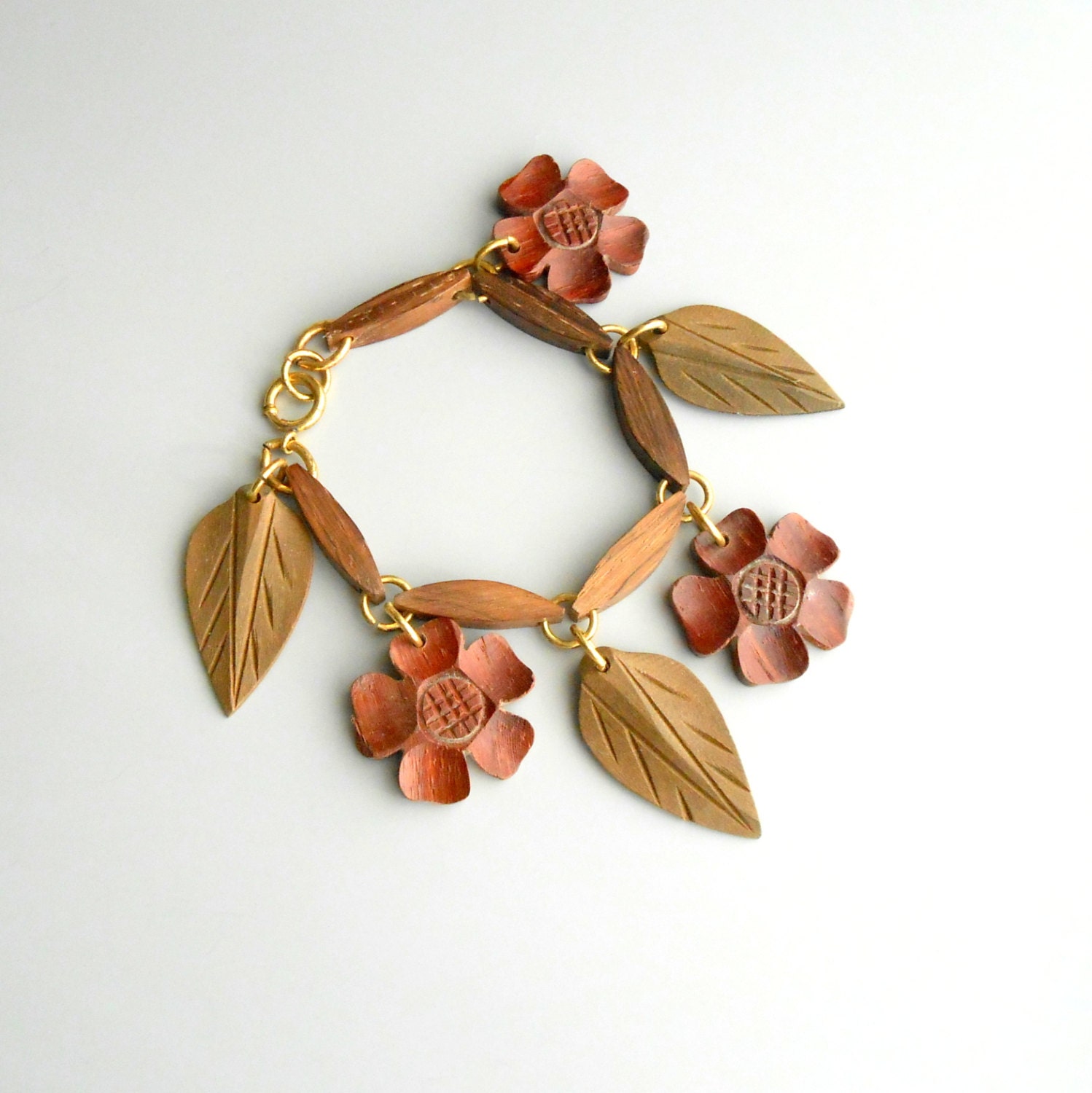Wood Flowers & Leaves Bracelet.  1940s Carved Wood.