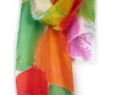 Hand painted scarf. Bold colored silk scarf. Floral, abstract scarf in green, orange, pink.Modern fashion scarf.Painting on silk by Dimo