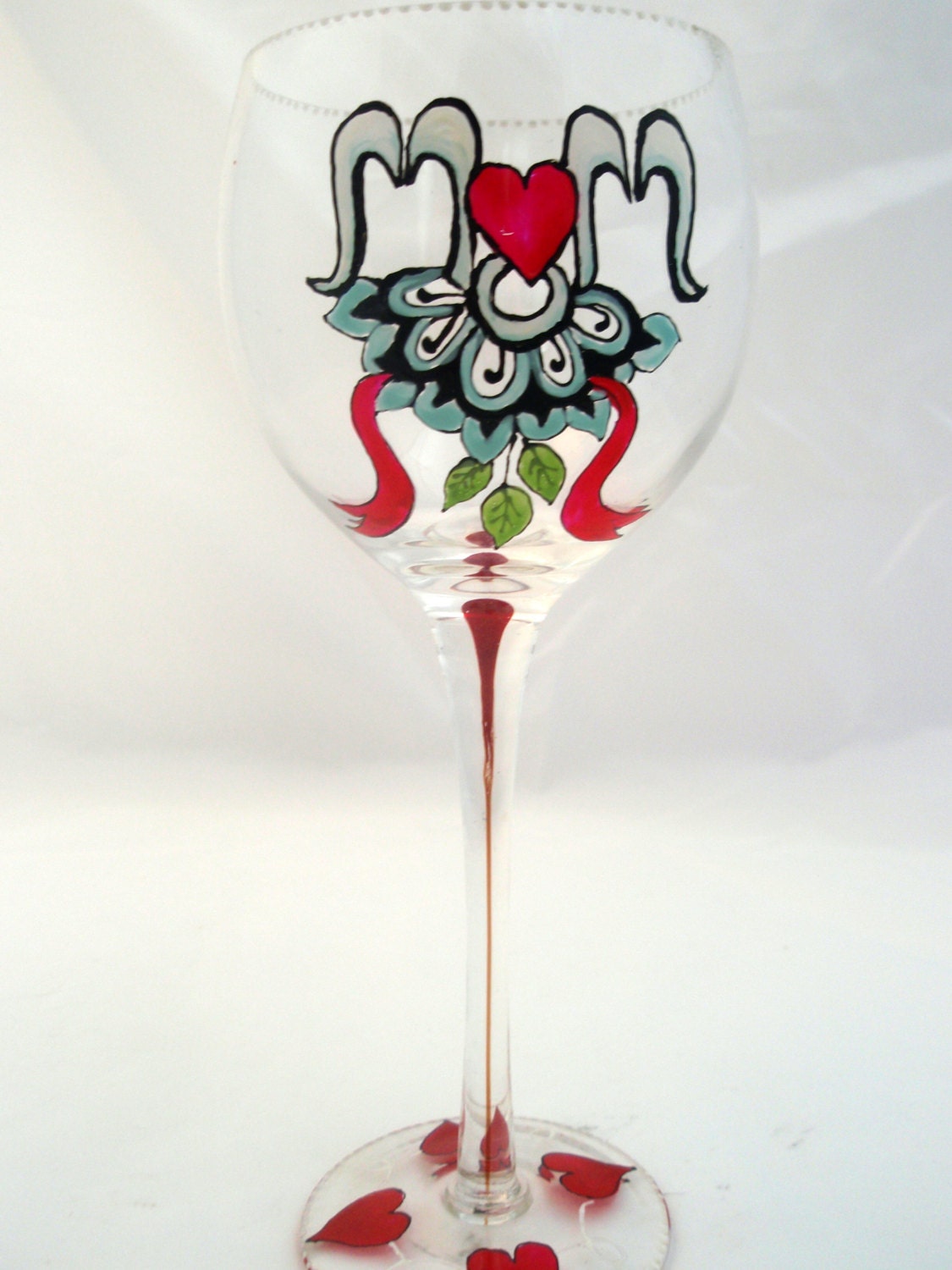 Personalized Wine Glass MOM Tattoo Design Hand Painted