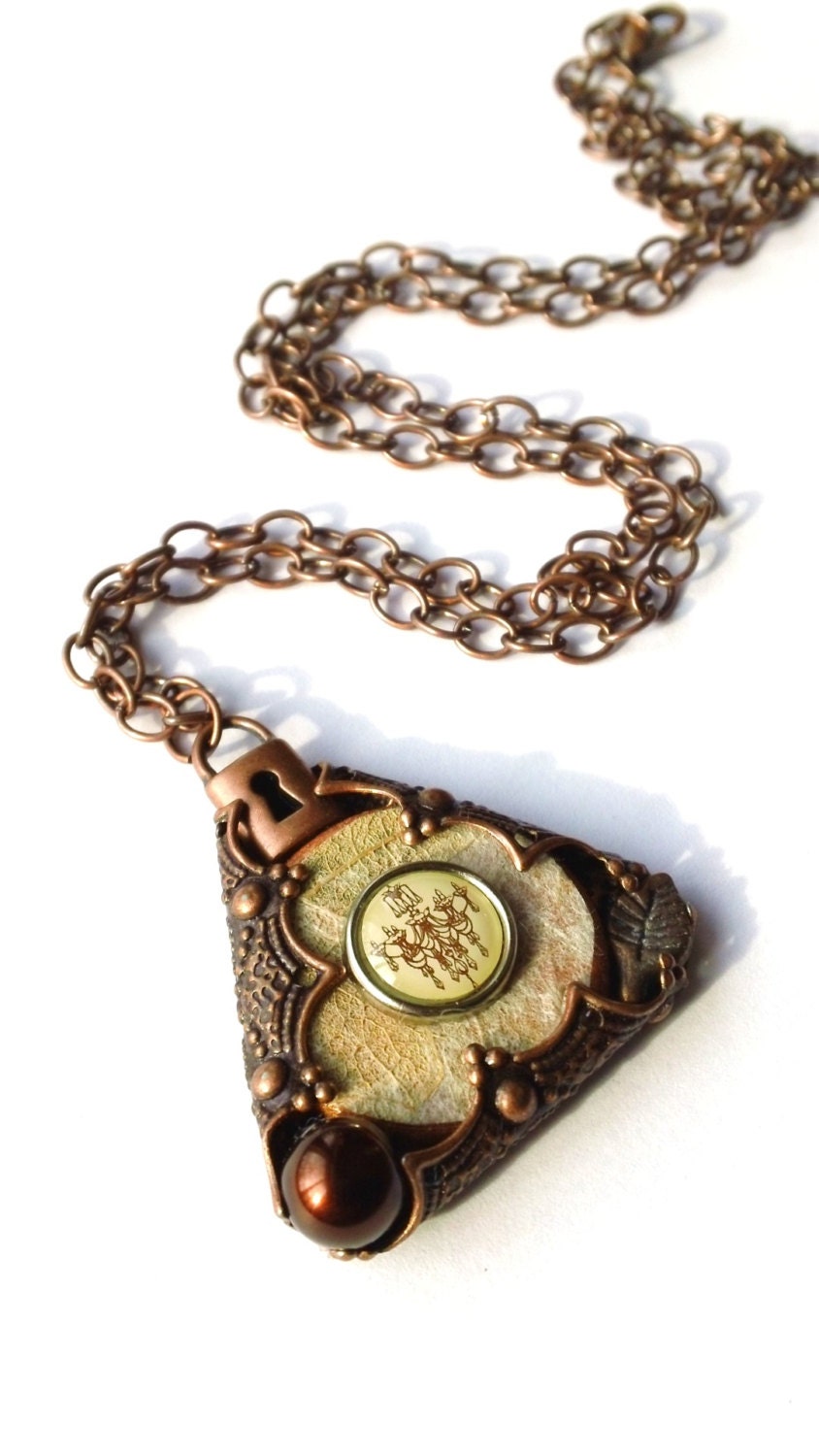 Vintage Style Filigree, Reversible, Copper Lock and Leaf, Cream Handmade Paper, Asymmetrical Pendant Necklace