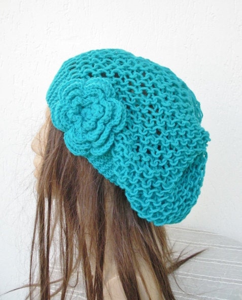 Hand Knit Hat  Beehive beret in  Turquoise womens hat   Slouchy Beanie  Fall Autumn Winter Spring  Fashion  Accessories