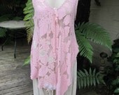 Vintage Kitty.. Lily Hannah.. upcycled floral cloth.. dusky pink tunic... hand dyed..vintage doily.. shabby chic.. MED - XL