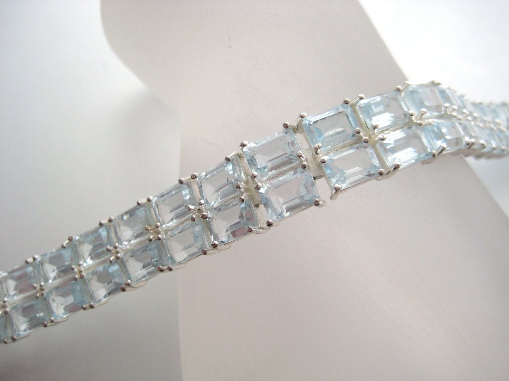 Beautiful Blue Topaz Sterling Silver 2 Row Tennis Style Vintage Bracelet
