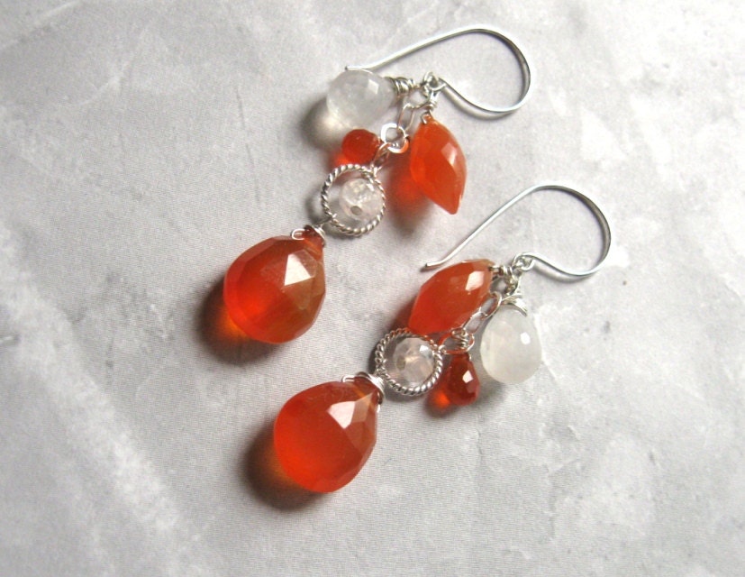Carnelian Moonstone Earrings- Silver, Wire Wrapped