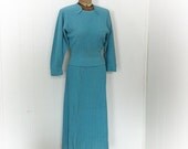 Vintage 1940s Blouse and Skirt  Blue Knit Set Brittany Club Sports Clothes By Marinette