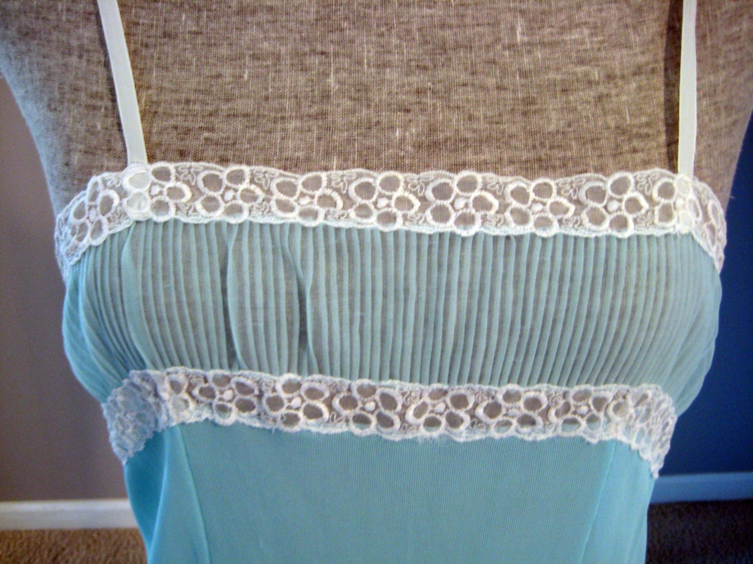Vintage Pin Up Silky Sheer Aqua Nylon and Lace Full Slip Size 36