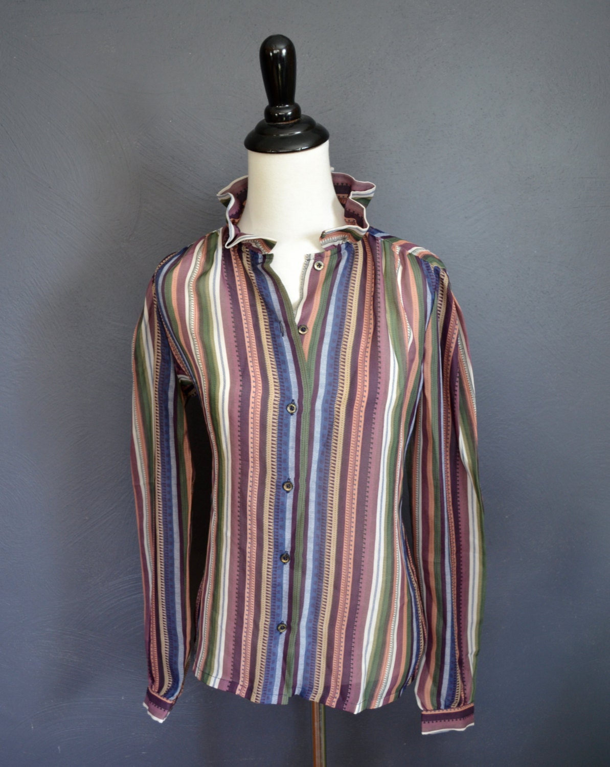 1970s Sheer Striped Blouse with Edwardian Collar / size medium