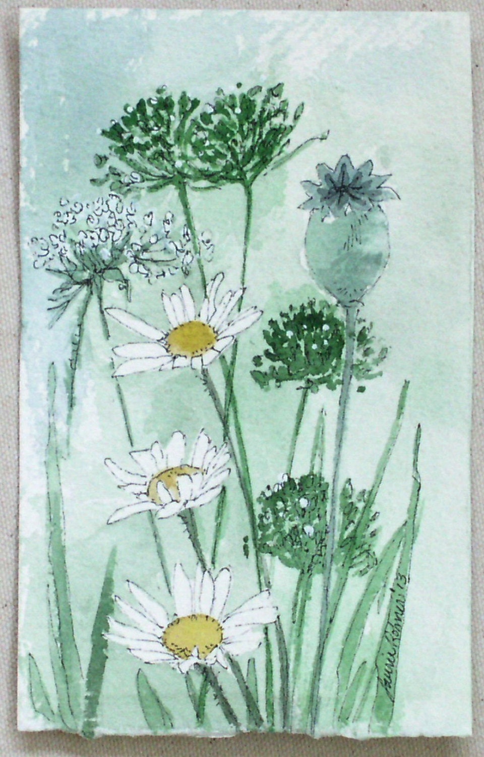 Garden Nature Art Daisies Watercolor Original Painting by Laurie Rohner