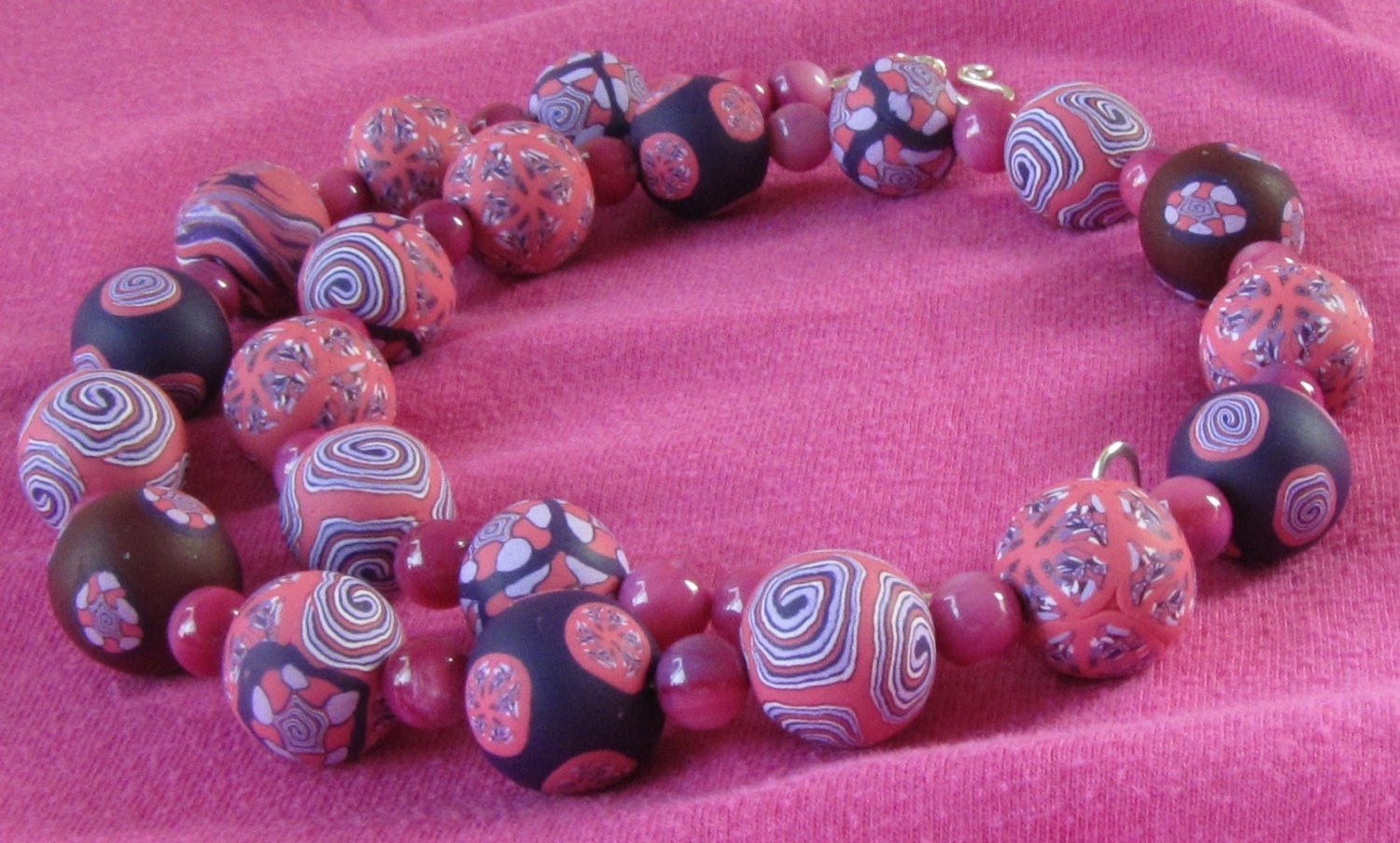 Spring Colors Beaded Polymer Clay Necklace - Pink and Purple Millefiori - For Mom