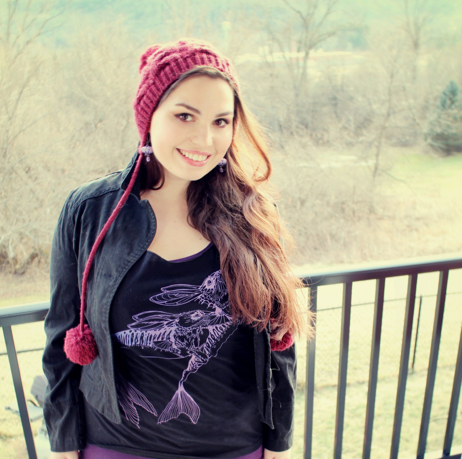 Merrabbit Mermaid Rabbit tshirt - eco friendly neon purple ink screenprint on black cotton scoop neck - womens sizes S, M, L, XL