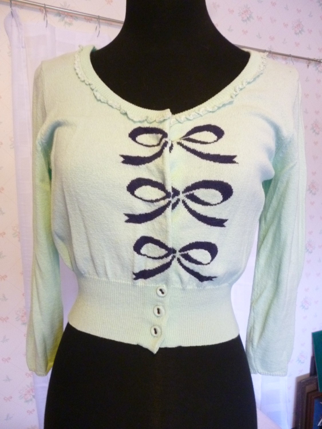 Vintage Anthropologie Label Mint Green Cardigan, Cropped With Bow Decoration, Small