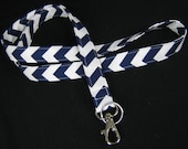 Fabric Lanyard - ID Badge and Key Ring - Riley Blake Chevron Small Navy and White