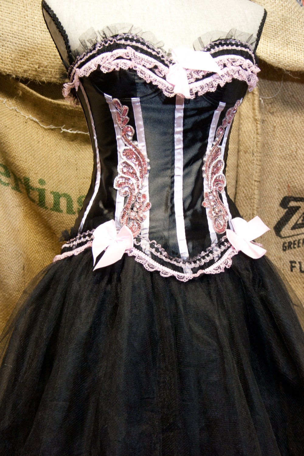 Pink & Black Burlesque costume Prom dress corset top with tulle tutu skirt