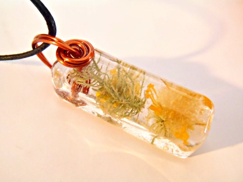 Yellow Flowers Green Moss Resin Nature Pendant Necklace Bohemian Jewelry Amber Wire Small Garden Earth Forest Woodland Enchanted Wildflower