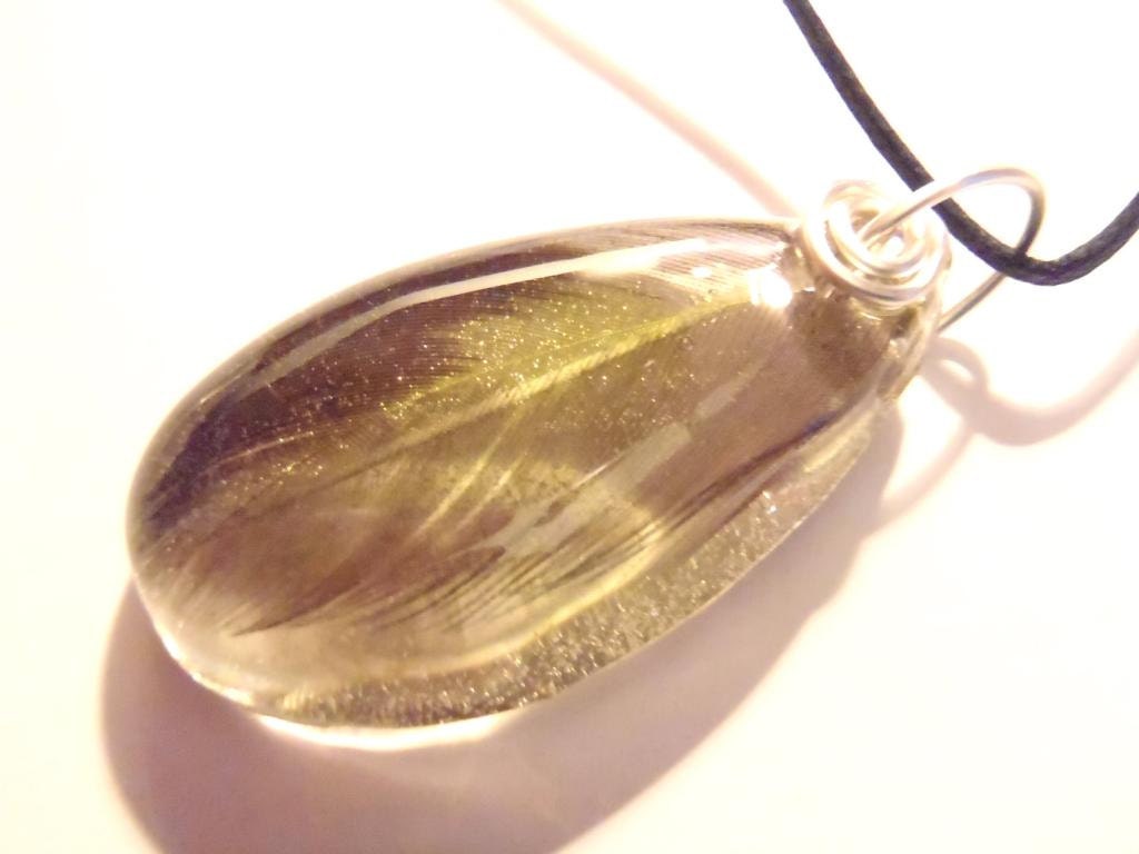 Green Rooster Feather Nature Pendant Boho Necklace Bohemian Jewelry Teardrop Resin Green Black Silver Wire Wrapped Earth Forest Cruelty Free