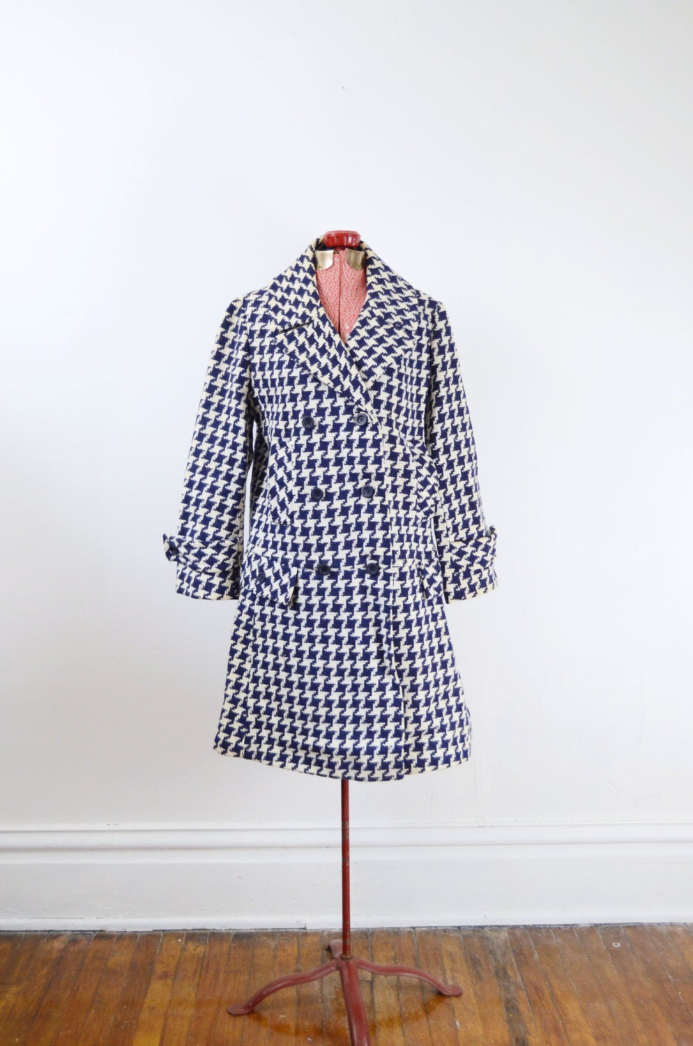 s a l e Blue and White 1960s Houndstooth Coat - M