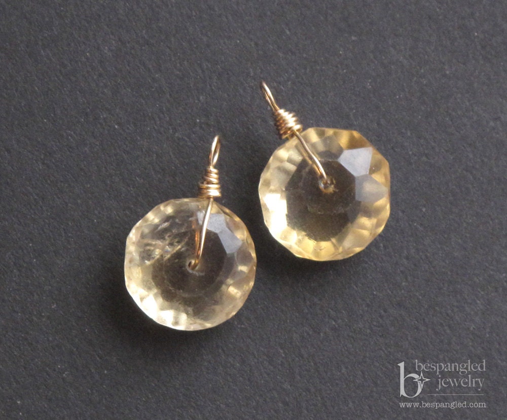 Honey Citrine Faceted Rondelle Charms, Matched Set of 2, 14k gold filled or sterling silver Wire wrapped Stone Drops for Earrings (1 PAIR)