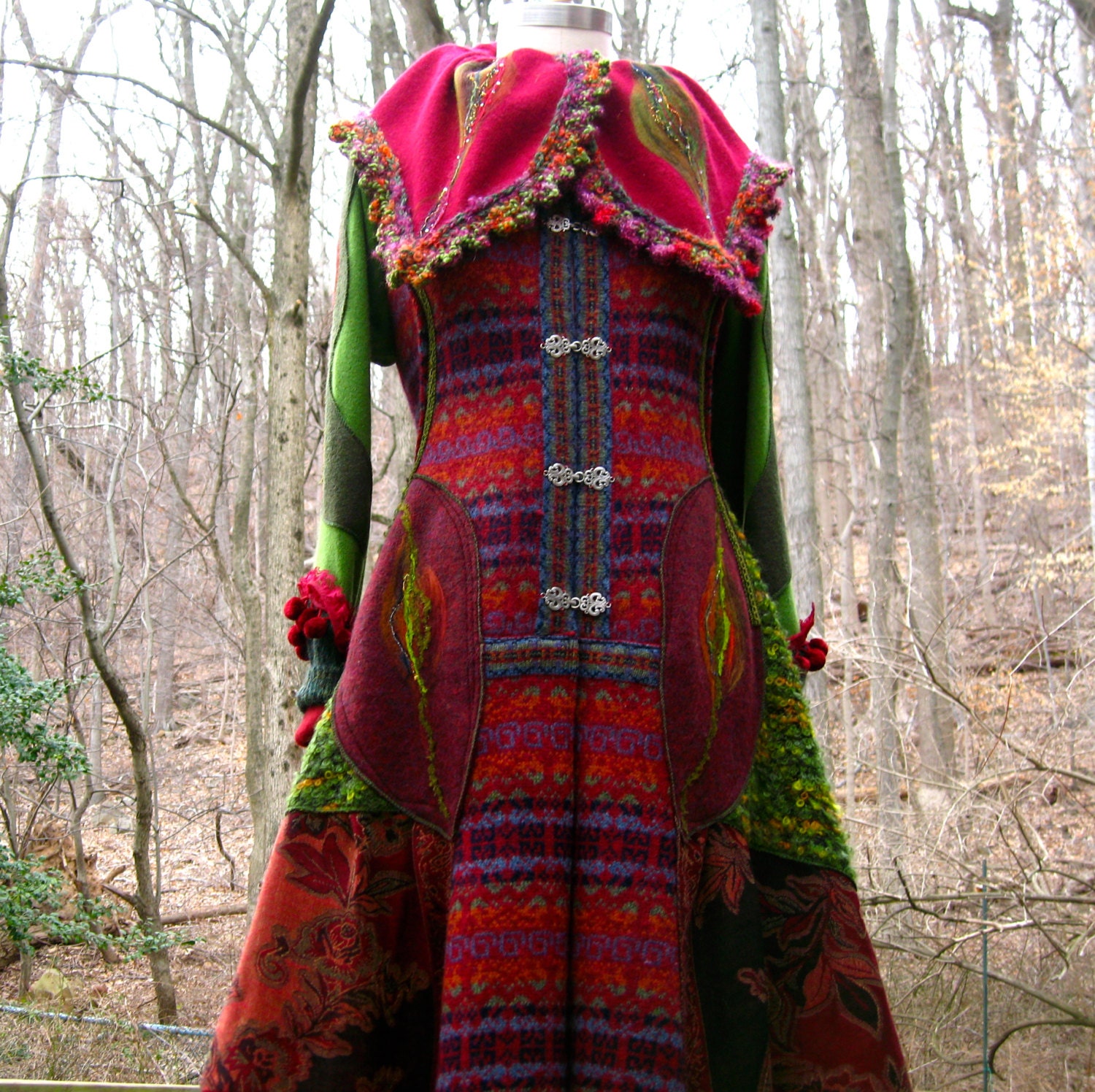 Custom patchwork sweater COAT for Mara. Arthurian woodland splendor