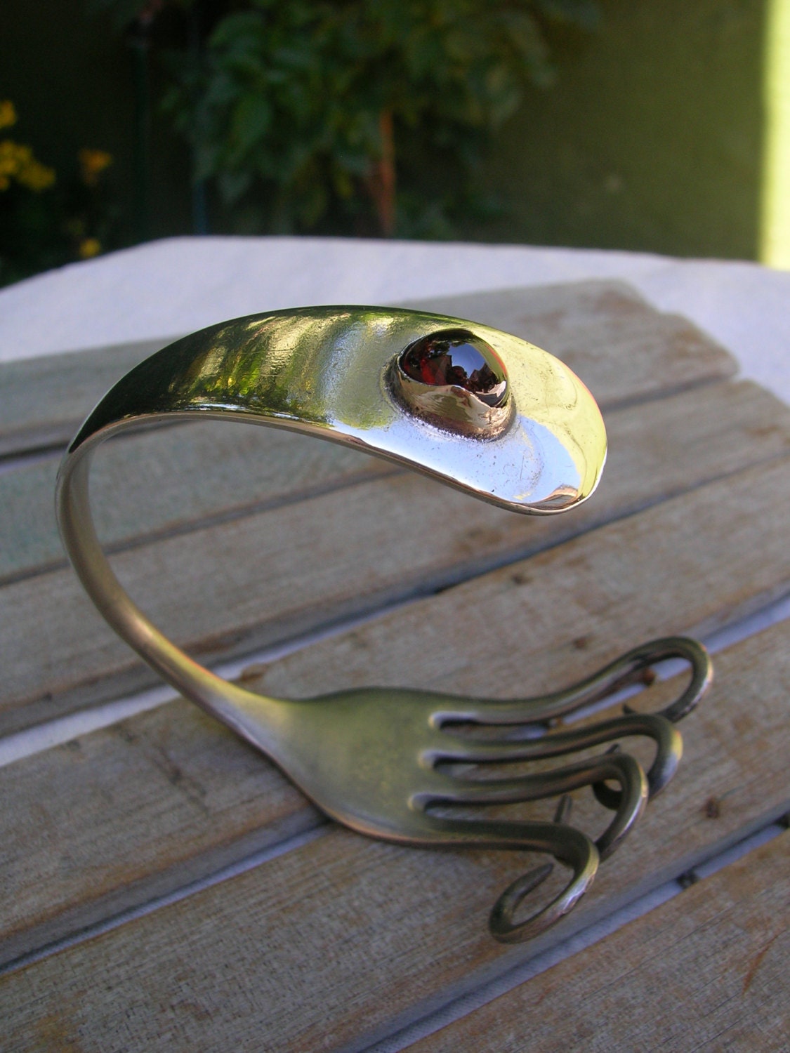 Fork bracelet w/ Garnet cabochon -Upcycled jewelry