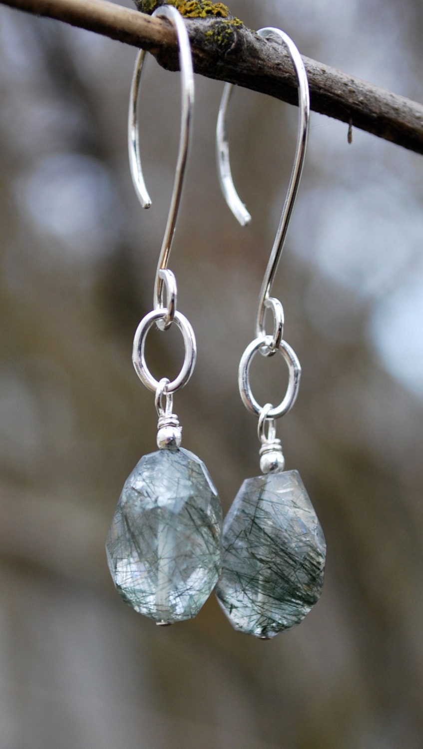 Green Rutliated Quartz Gemstone Dangle Drop Earrings with Sterling SIlver