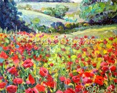Print of Original Oil Painting LANDSCAPE Field of Poppies Romantic Impressionist 8x8