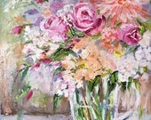 Original painting Floral Pink Roses and Peach bouquet Modern Impressionism Palette Knife Art