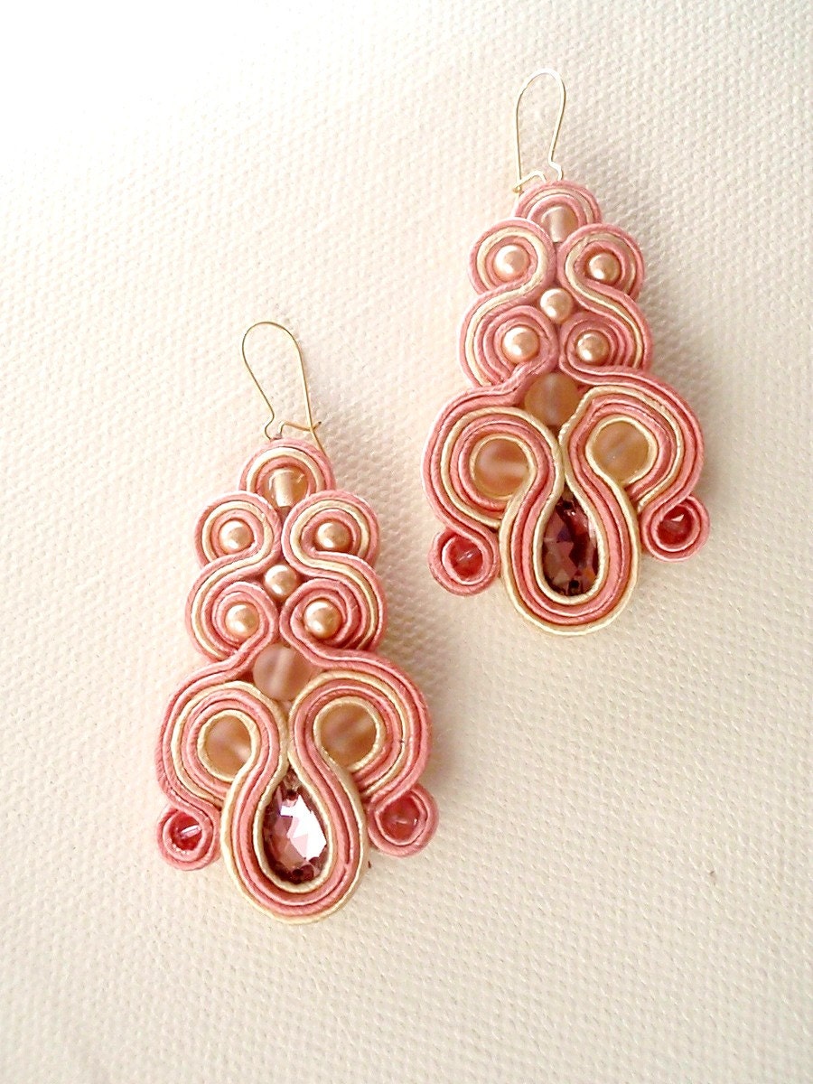 Nude statement swarovski earrings , handmade earrings ,  spring collection , soutache  chandelier  earrings