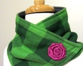 Green Tartan Plaid Neck Warmer Scarf with Magenta Rosette