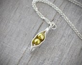 TWO Pearls - Pea Pod Necklace - Silver Pea Pod Mother's Necklace - Mom's Pearl Peas in Pod Two Peas