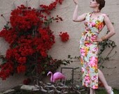 Vintage Sexy Hawaiian Wiggle Dress With Hot Pink And Blue Abstract Floral Print Dress  -  By Kaikamahine Honolulu - Size Medium