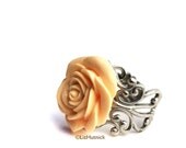 Light Peach Rose Ring. Adjustable Filigree Ring. Cocktail Ring. Bohemian Style Jewelry by Liz Hutnick