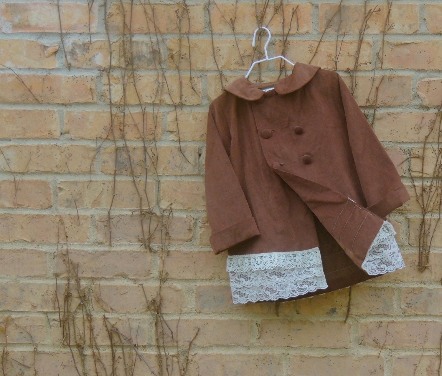 Girls Brown Corduroy Jacket with Peter Pan Collar and Lace Details Size 2 from the Hattie Dear Line for Girls