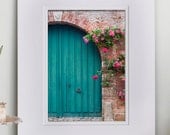 SALE - French Country Matted Photograph, French Blue Door with Roses, 5 x 7 Fine Art Photo in 8 x 10 Double Mat
