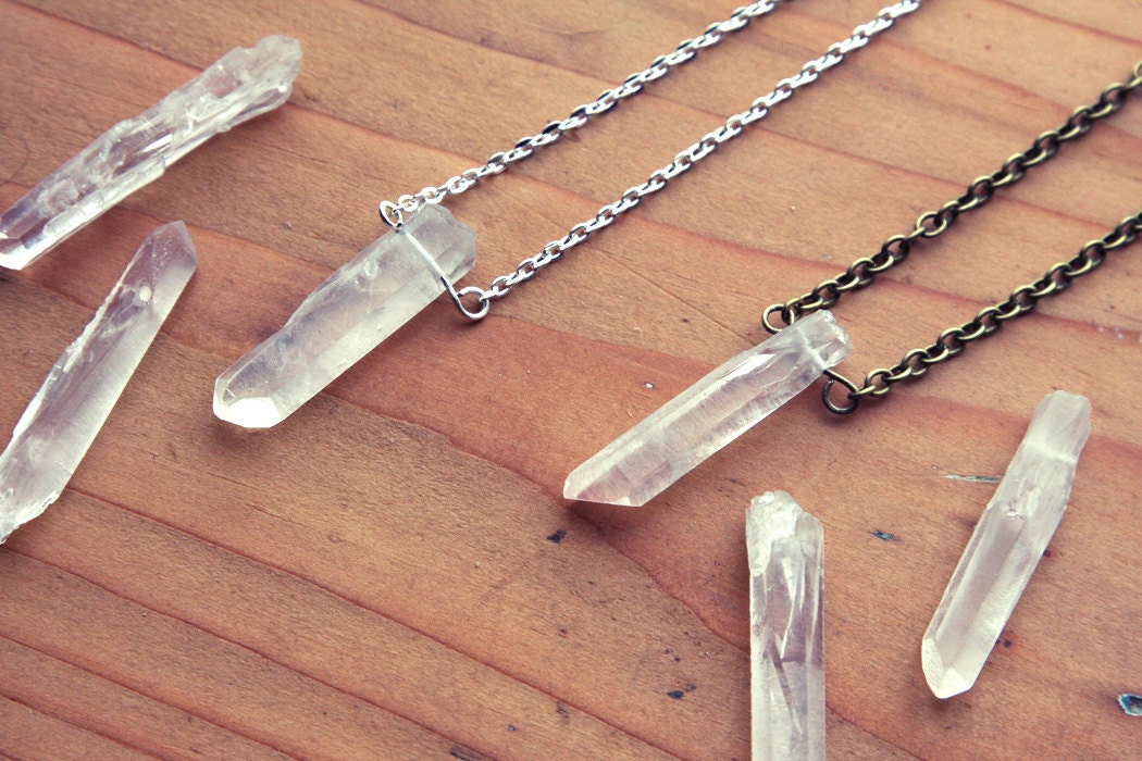 Raw Quartz Crystal Point Layering Necklace - Natural Rough Gemstone with Silver / Gold / Vintage Brass Chain