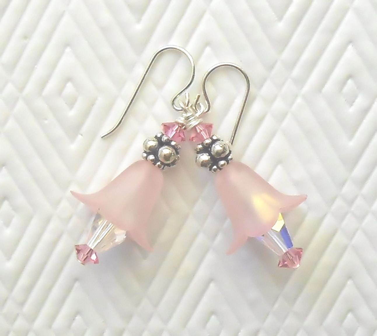 Pink Frosted Lily Lucite and Swarovski Sterling Silver Dangle Earrings
