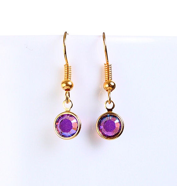 Bridesmaid gift - Petite Amethyst AB purple austrian crystal round gold dangle earrings (698) - Flat rate shipping